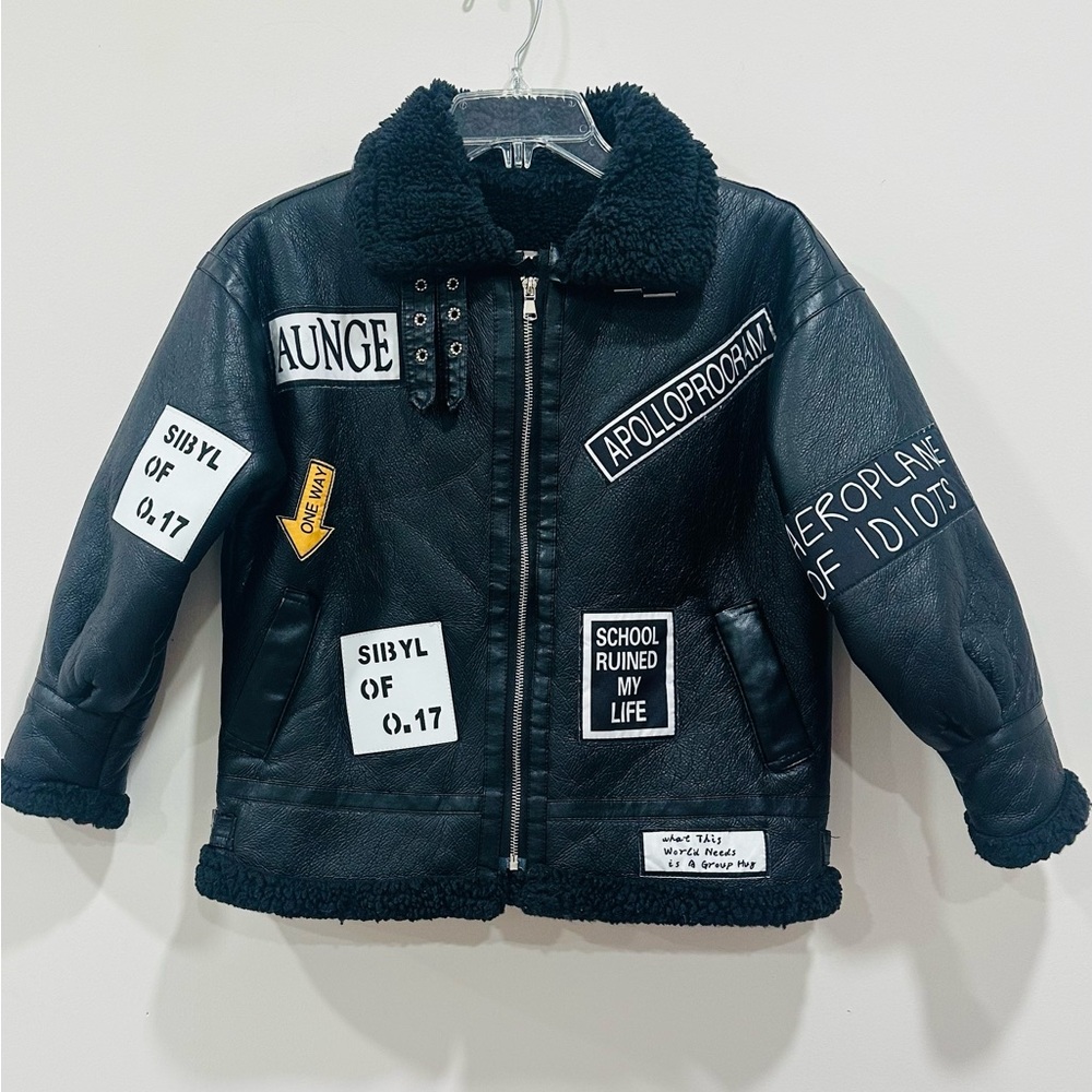 Fashion Kids Faux Leather Sherpa Lined Bomber Jacket Patches Boys 10-12Y Aviator
